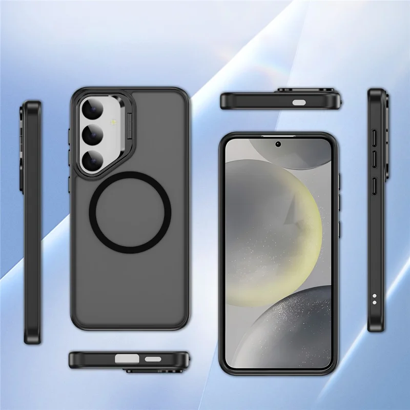 For Samsung Galaxy S24+ Magnetic Case with Lens Kickstand Skin-Touch PC + TPU Phone Cover - Black