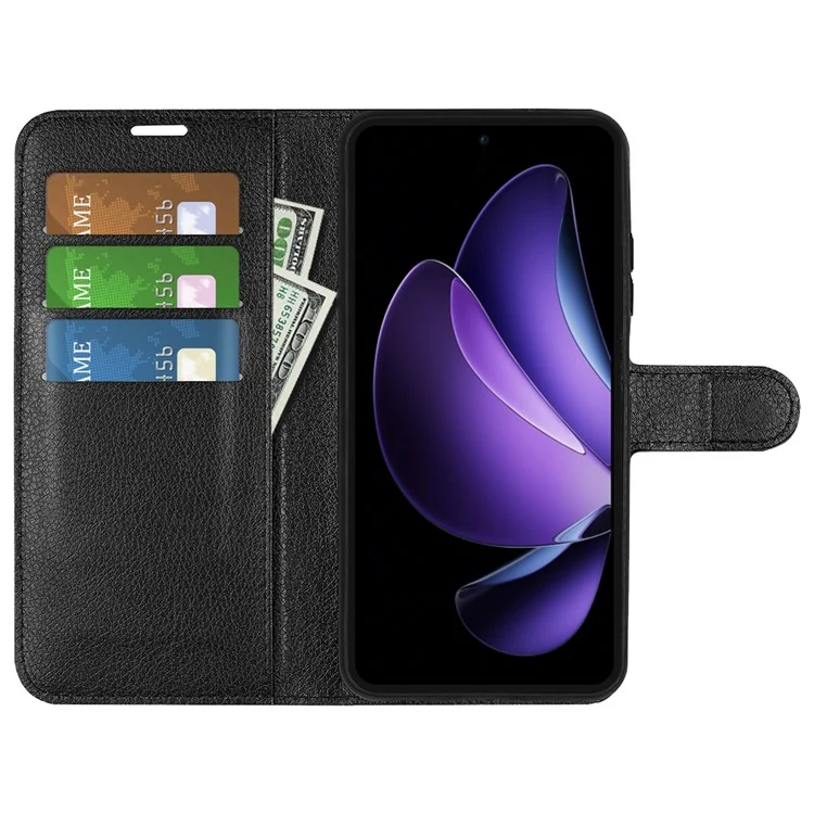 Capa para Oppo Reno13 F 5G Estilo Couro Textura Lichia à Prova de Choque Carteira para Celular - Preto