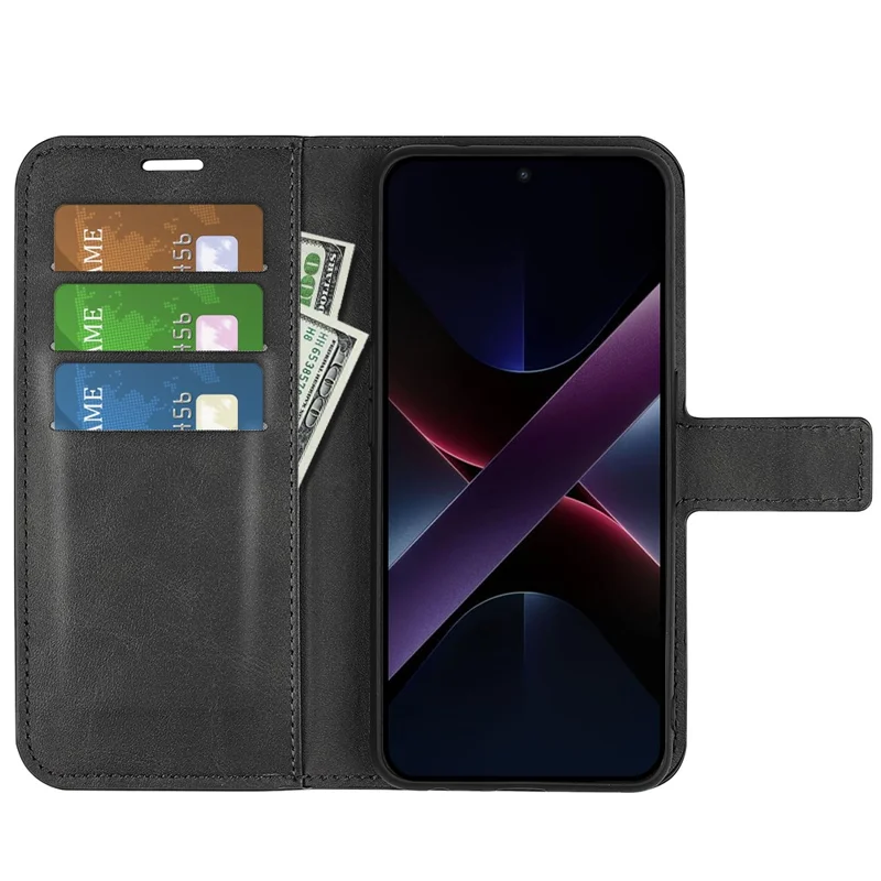 Standhoes voor Xiaomi Poco X7 Pro 5G Anti-Kras Kalfsleren PU Leren Telefoonhoesje - Zwart