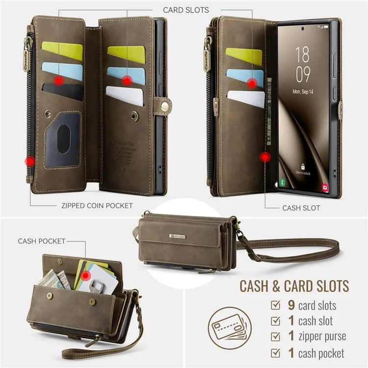 CASEME C39 Serie per Samsung Galaxy S25 Ultra Custodia Blocco RFID 9 Slot per Schede Portafoglio con Zip e Supporto Custodia in Pelle con Cinturino - Marrone