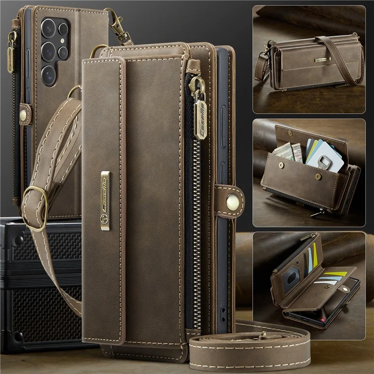 CASEME C39 Serie per Samsung Galaxy S25 Ultra Custodia Blocco RFID 9 Slot per Schede Portafoglio con Zip e Supporto Custodia in Pelle con Cinturino - Marrone
