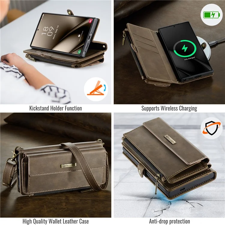 CASEME C39 Serie per Samsung Galaxy S25 Ultra Custodia Blocco RFID 9 Slot per Schede Portafoglio con Zip e Supporto Custodia in Pelle con Cinturino - Marrone