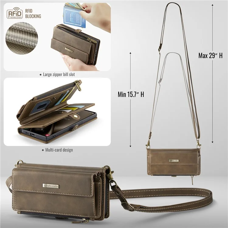 CASEME C39 Serie per Samsung Galaxy S25 Ultra Custodia Blocco RFID 9 Slot per Schede Portafoglio con Zip e Supporto Custodia in Pelle con Cinturino - Marrone