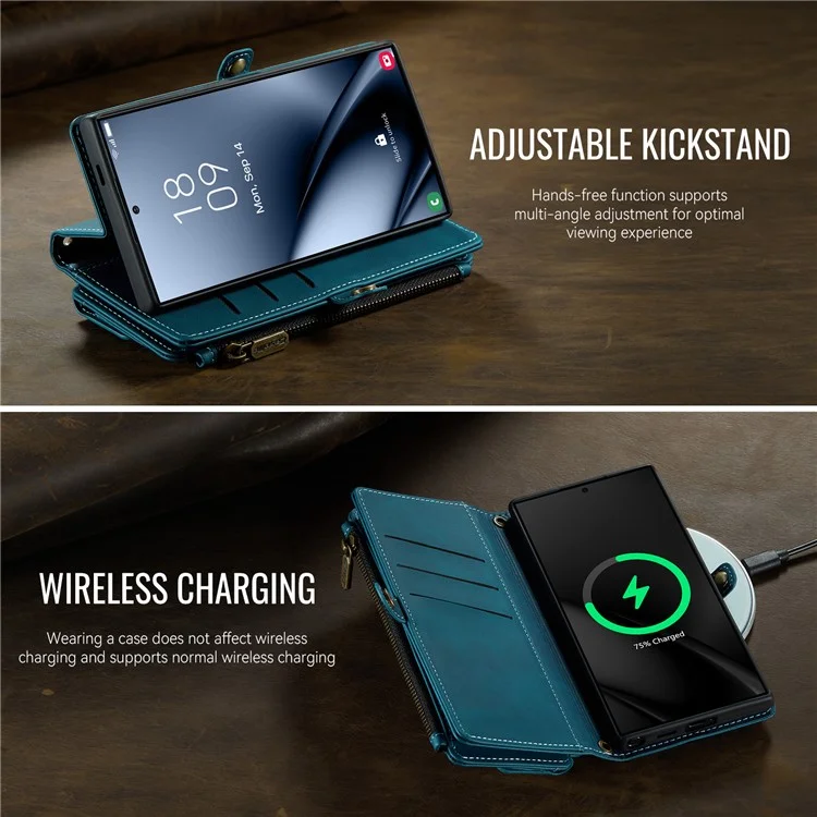 CASEME C39 Series For Samsung Galaxy S25 Ultra Case RFID Blocking 9 Card Slots Zipper Wallet Stand Leather Cover with Strap - Green