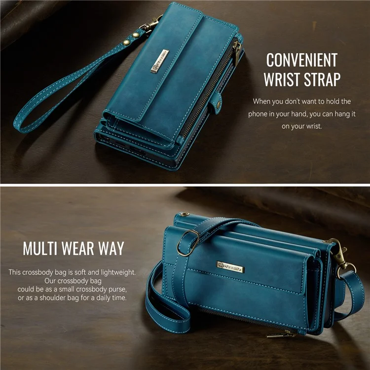 CASEME C39 Series For Samsung Galaxy S25 Ultra Case RFID Blocking 9 Card Slots Zipper Wallet Stand Leather Cover with Strap - Green