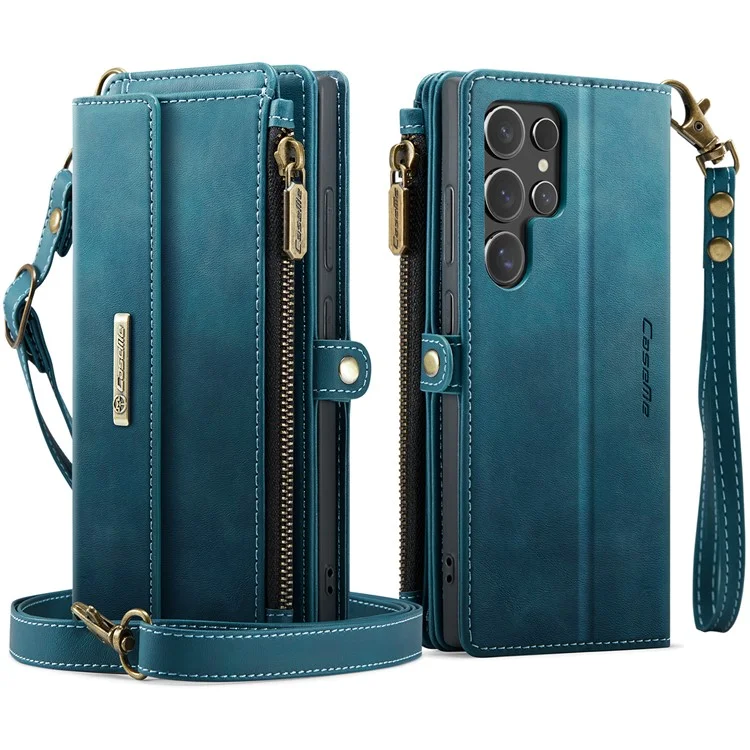 CASEME C39 Series For Samsung Galaxy S25 Ultra Case RFID Blocking 9 Card Slots Zipper Wallet Stand Leather Cover with Strap - Green