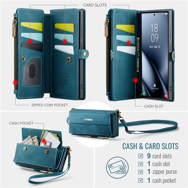 CASEME C39 Series For Samsung Galaxy S25 Ultra Case RFID Blocking 9 Card Slots Zipper Wallet Stand Leather Cover with Strap - Green