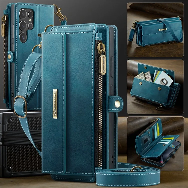 CASEME C39 Series For Samsung Galaxy S25 Ultra Case RFID Blocking 9 Card Slots Zipper Wallet Stand Leather Cover with Strap - Green