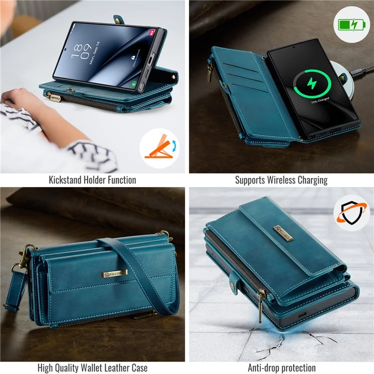 CASEME C39 Series For Samsung Galaxy S25 Ultra Case RFID Blocking 9 Card Slots Zipper Wallet Stand Leather Cover with Strap - Green