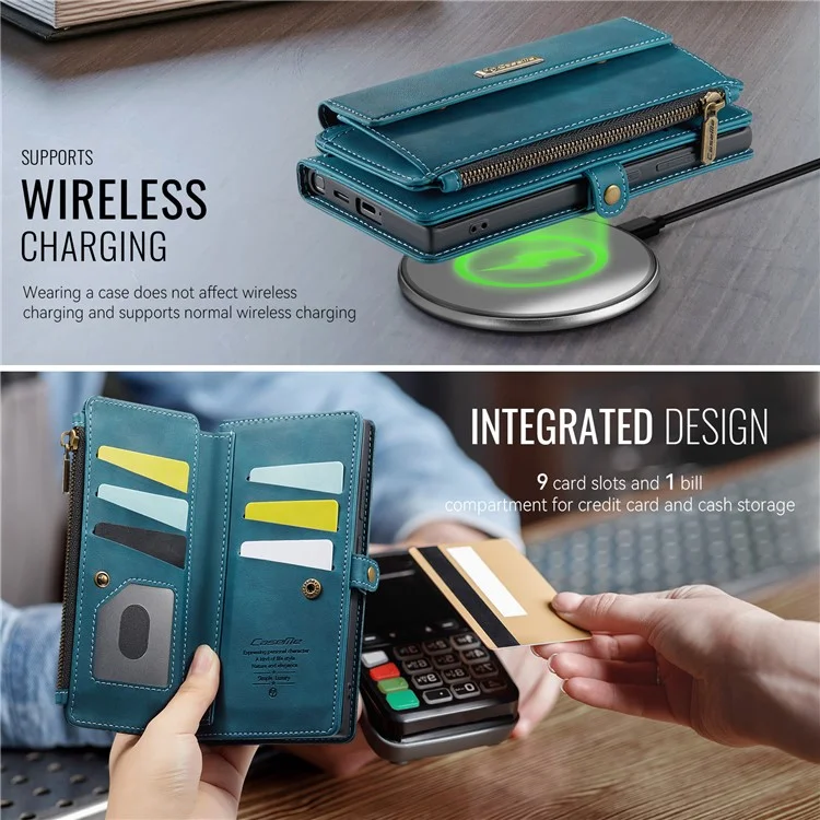 CASEME C39 Series For Samsung Galaxy S25 Ultra Case RFID Blocking 9 Card Slots Zipper Wallet Stand Leather Cover with Strap - Green