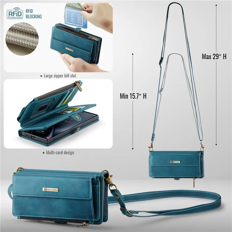 CASEME C39 Series For Samsung Galaxy S25 Ultra Case RFID Blocking 9 Card Slots Zipper Wallet Stand Leather Cover with Strap - Green