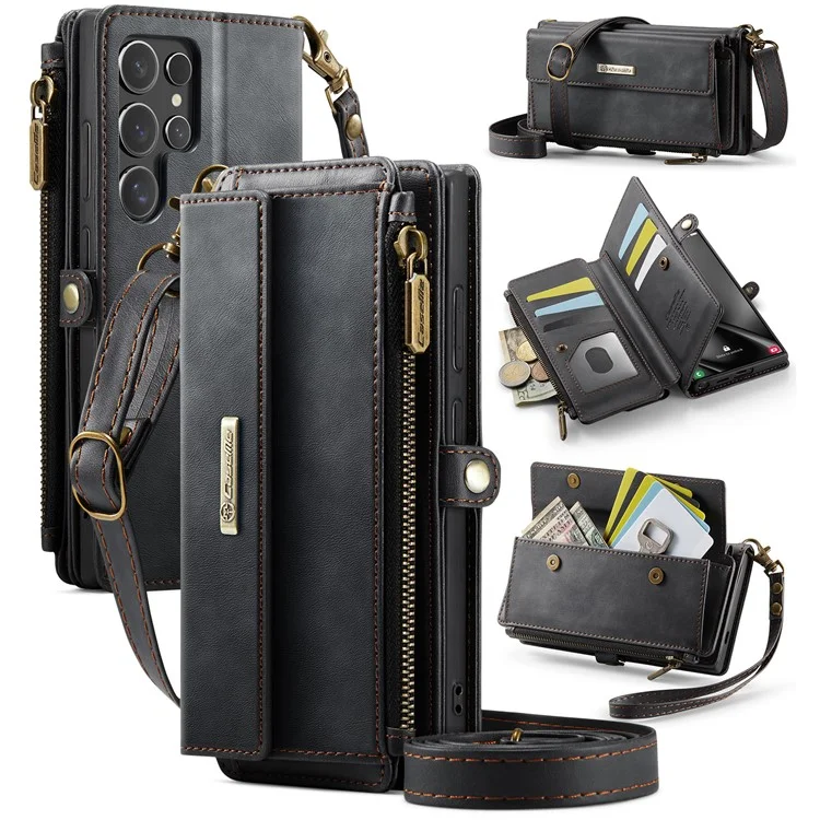CASEME C39 Series For Samsung Galaxy S24 Ultra Case RFID Blocking 9 Card Slots Zipper Wallet Stand Leather Cover with Strap - Black