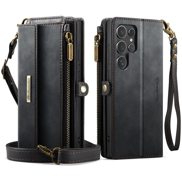 CASEME C39 Series For Samsung Galaxy S24 Ultra Case RFID Blocking 9 Card Slots Zipper Wallet Stand Leather Cover with Strap - Black