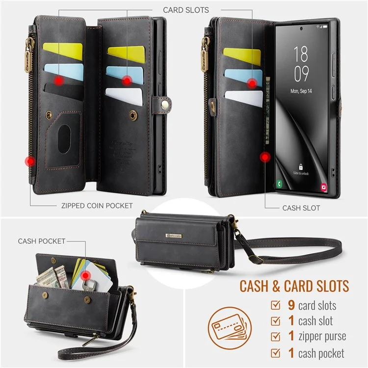 CASEME C39 Series For Samsung Galaxy S24 Ultra Case RFID Blocking 9 Card Slots Zipper Wallet Stand Leather Cover with Strap - Black