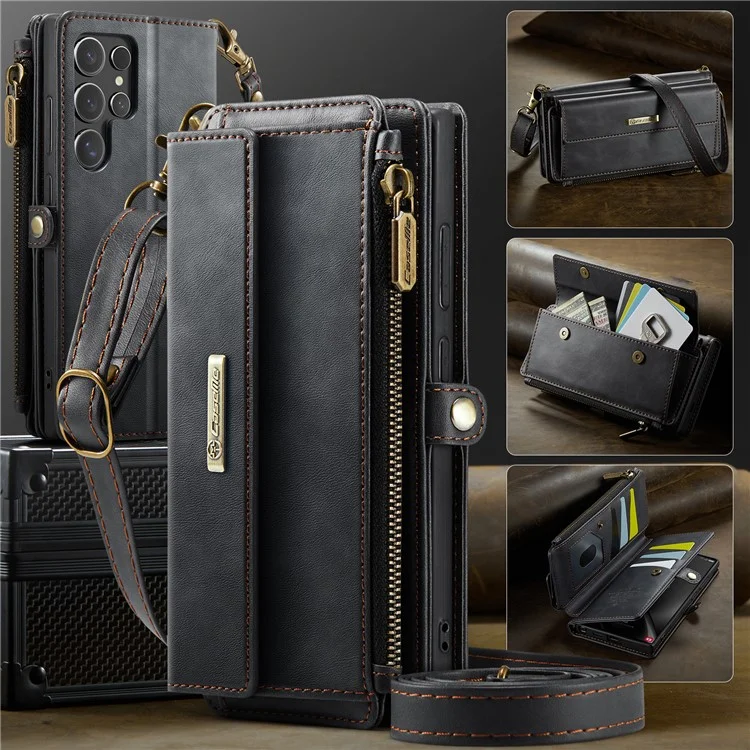 CASEME C39 Series For Samsung Galaxy S24 Ultra Case RFID Blocking 9 Card Slots Zipper Wallet Stand Leather Cover with Strap - Black