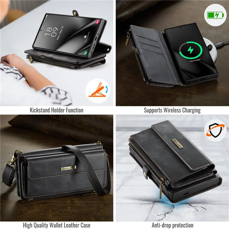 CASEME C39 Series For Samsung Galaxy S24 Ultra Case RFID Blocking 9 Card Slots Zipper Wallet Stand Leather Cover with Strap - Black