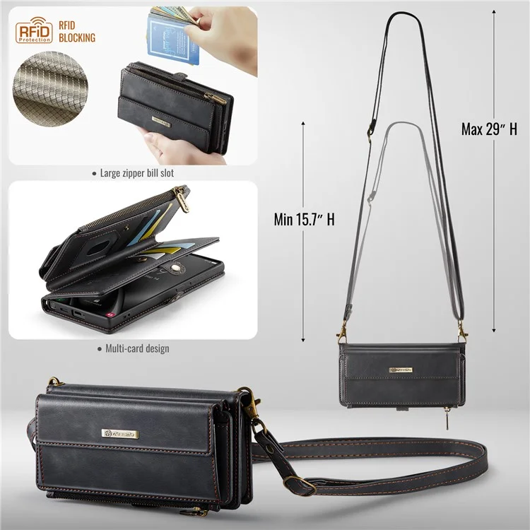CASEME C39 Series For Samsung Galaxy S24 Ultra Case RFID Blocking 9 Card Slots Zipper Wallet Stand Leather Cover with Strap - Black