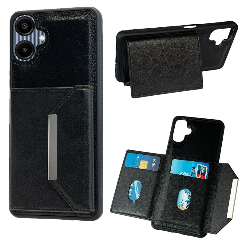 For Samsung Galaxy A06 5G / A06 4G Case Card Bag Kickstand TPU + PU Phone Cover - Black