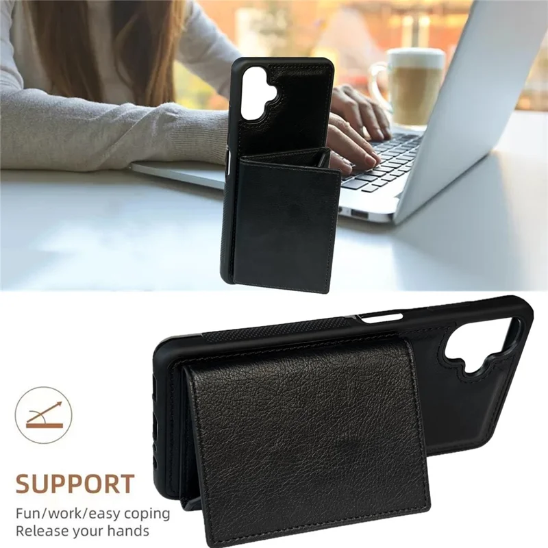 For Samsung Galaxy A06 5G / A06 4G Case Card Bag Kickstand TPU + PU Phone Cover - Black