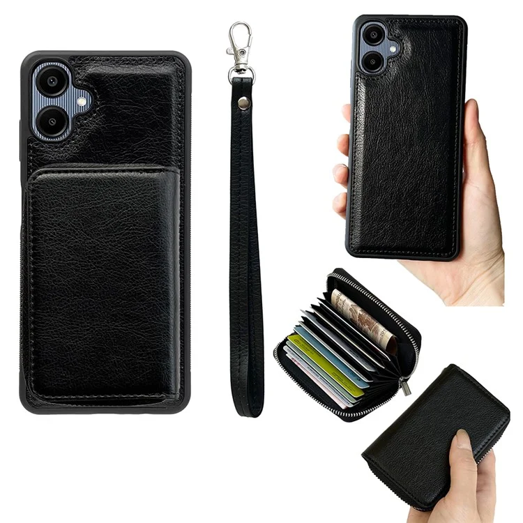 For Samsung Galaxy A06 4G Case Detachable Zipper Card Bag PU TPU Kickstand Phone Case with Strap - Black