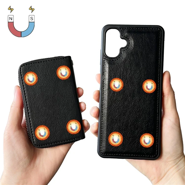 For Samsung Galaxy A06 4G Case Detachable Zipper Card Bag PU TPU Kickstand Phone Case with Strap - Black