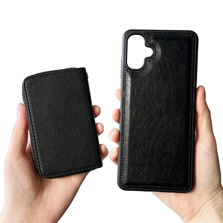 For Samsung Galaxy A06 4G Case Detachable Zipper Card Bag PU TPU Kickstand Phone Case with Strap - Black