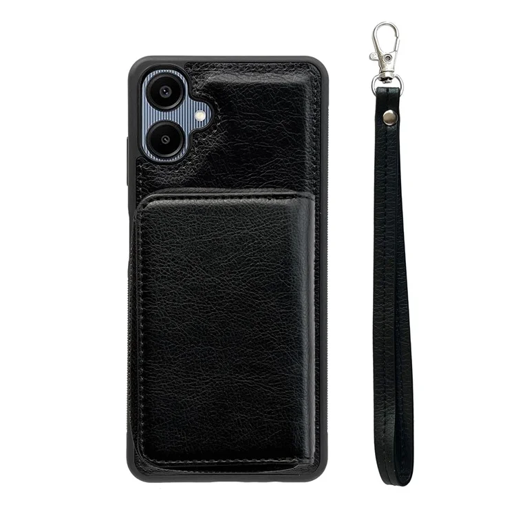 For Samsung Galaxy A06 4G Case Detachable Zipper Card Bag PU TPU Kickstand Phone Case with Strap - Black