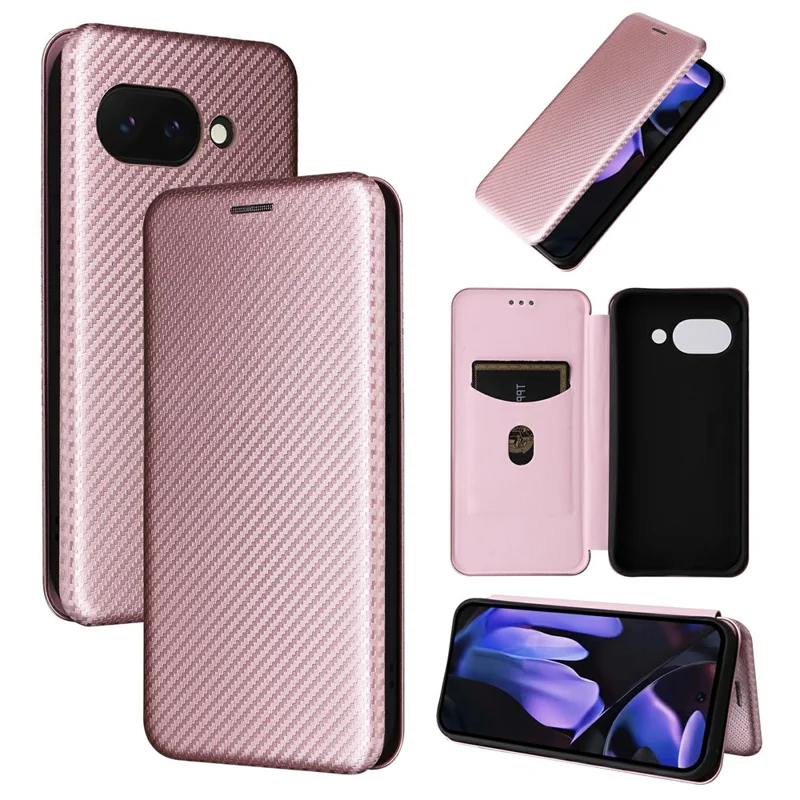 For Google Pixel 9a Case Carbon Fiber Texture Drop-Proof PU Leather Phone Cover - Rose Gold