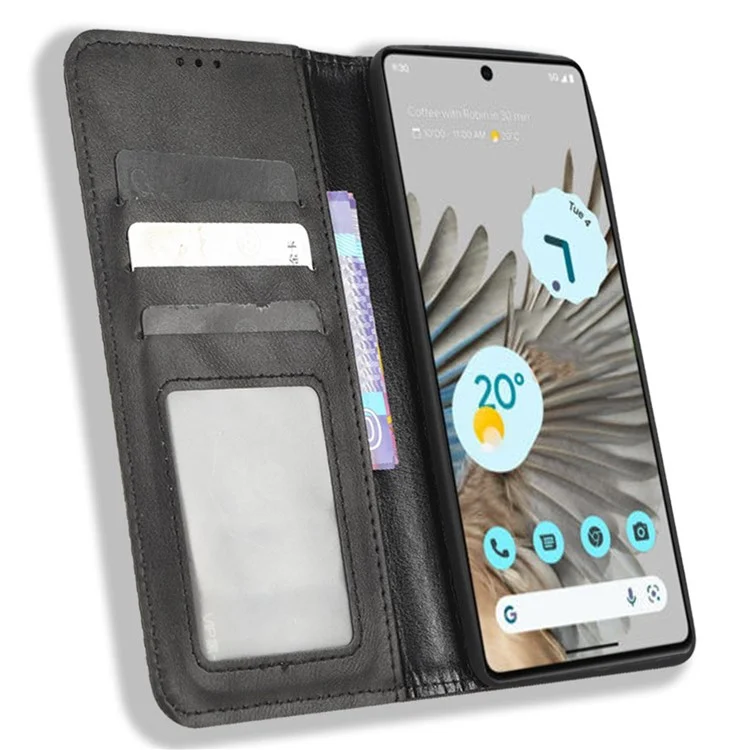 Cell Phone Cover For Google Pixel 7 5G, Wallet Case Magnetic Auto Closing PU Leather Retro Imprint Pattern Anti-Srcratch Phone Shell with Stand - Black