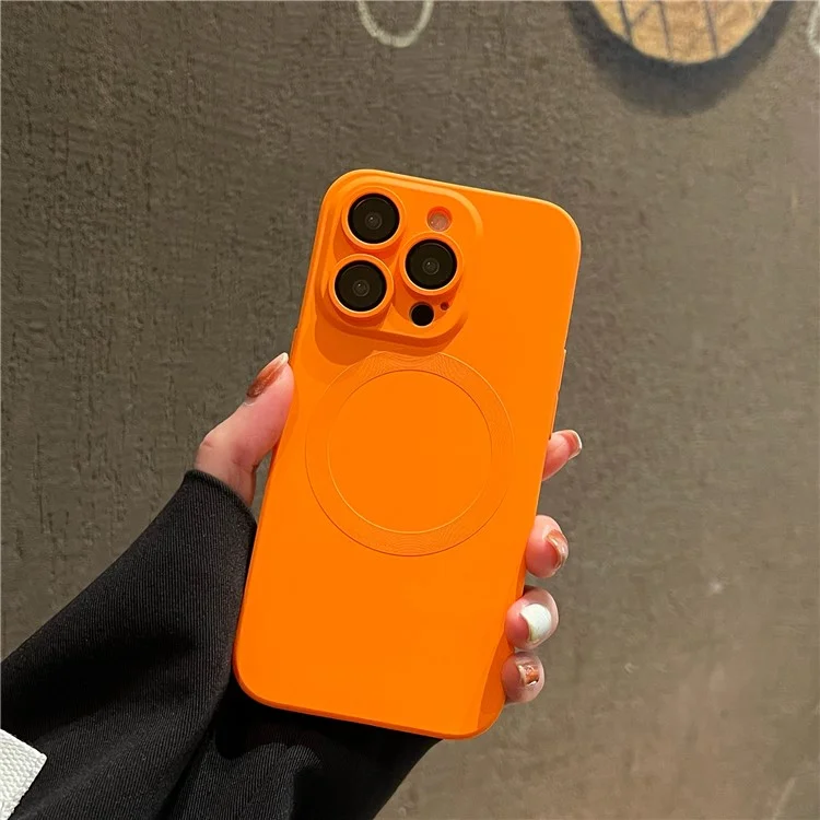 For iPhone 15 Pro Case Compatible with MagSafe Liquid Silicone Phone Cover with Tempered Glass Lens Protector - Orange