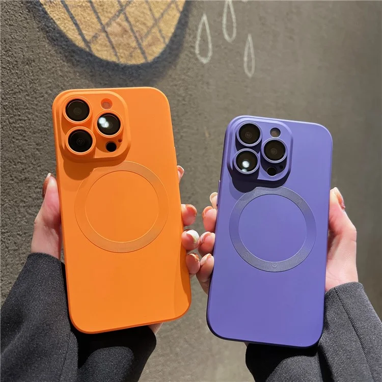 For iPhone 15 Pro Case Compatible with MagSafe Liquid Silicone Phone Cover with Tempered Glass Lens Protector - Orange