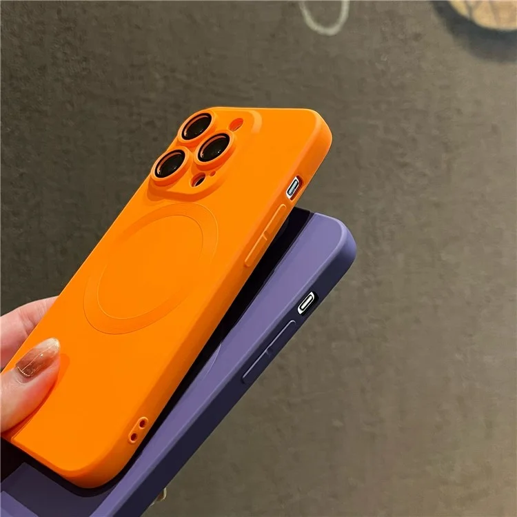 For iPhone 15 Pro Case Compatible with MagSafe Liquid Silicone Phone Cover with Tempered Glass Lens Protector - Orange