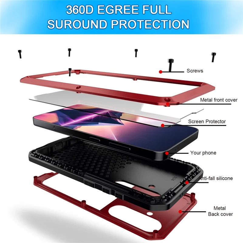 For Samsung Galaxy S25+ Case Silicone+Metal Phone Cover with PET Screen Protector - Red