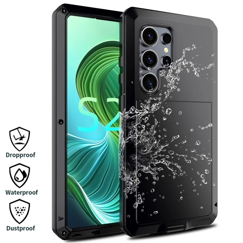For Samsung Galaxy S25 Ultra Case Silicone + Metal Anti-Drop Phone Cover with Tempered Glass Film - Black