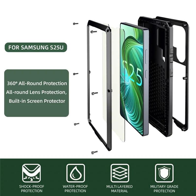 For Samsung Galaxy S25 Ultra Case Silicone + Metal Anti-Drop Phone Cover with Tempered Glass Film - Black