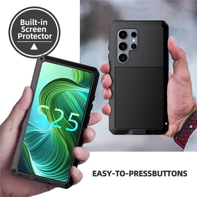 For Samsung Galaxy S25 Ultra Case Silicone + Metal Anti-Drop Phone Cover with Tempered Glass Film - Black
