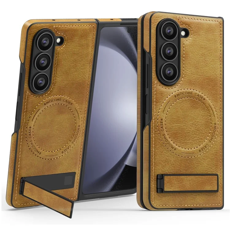 For Samsung Galaxy Z Fold5 5G Case Compatible with MagSafe Kickstand Leather Phone Back Cover  - Brown