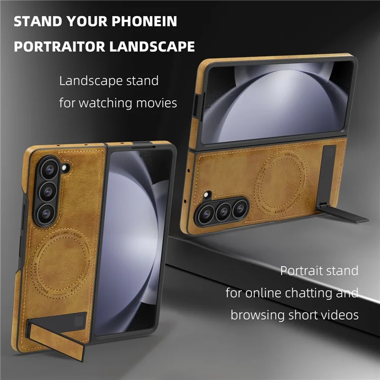For Samsung Galaxy Z Fold5 5G Case Compatible with MagSafe Kickstand Leather Phone Back Cover  - Brown