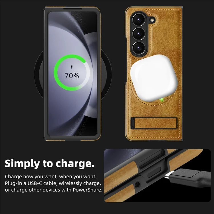 For Samsung Galaxy Z Fold5 5G Case Compatible with MagSafe Kickstand Leather Phone Back Cover  - Brown