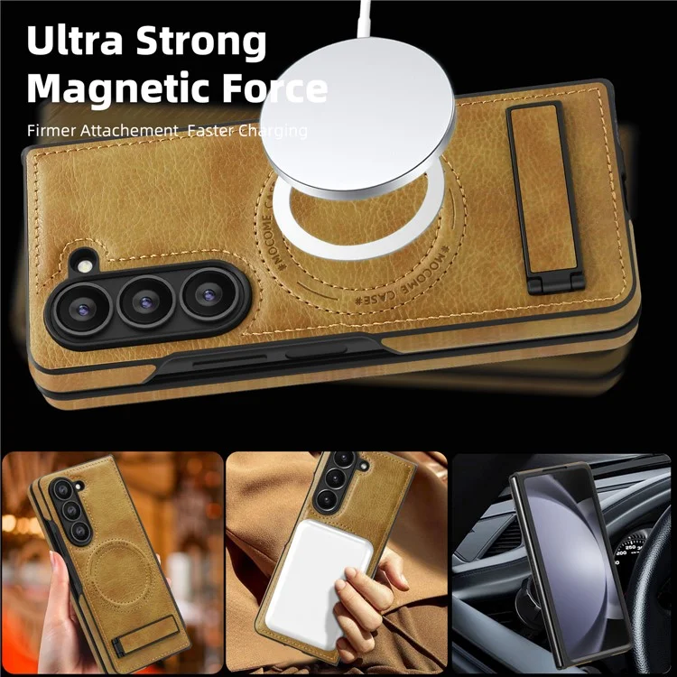 For Samsung Galaxy Z Fold5 5G Case Compatible with MagSafe Kickstand Leather Phone Back Cover  - Brown