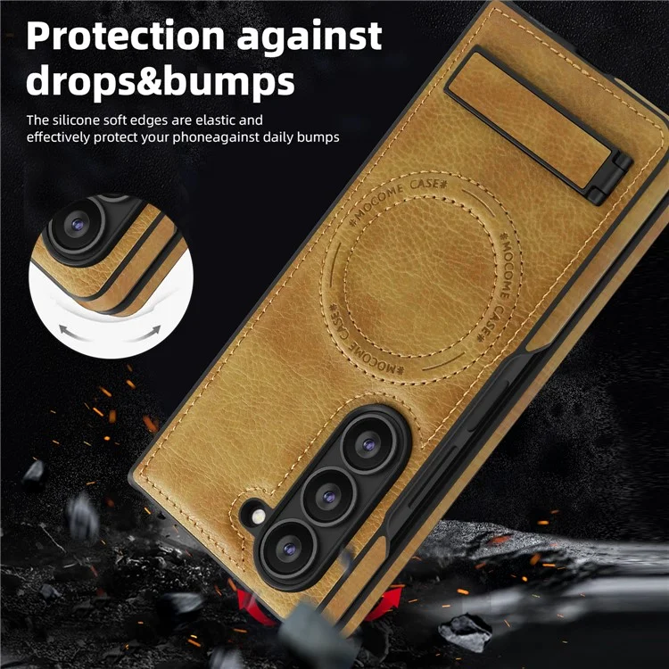 For Samsung Galaxy Z Fold5 5G Case Compatible with MagSafe Kickstand Leather Phone Back Cover  - Brown