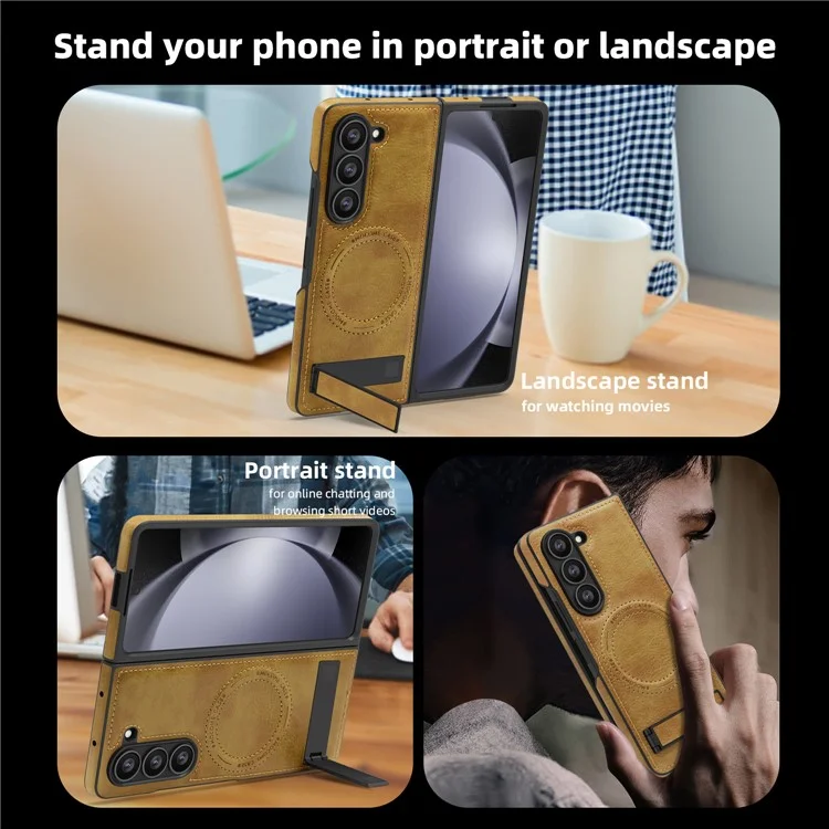 For Samsung Galaxy Z Fold5 5G Case Compatible with MagSafe Kickstand Leather Phone Back Cover  - Brown