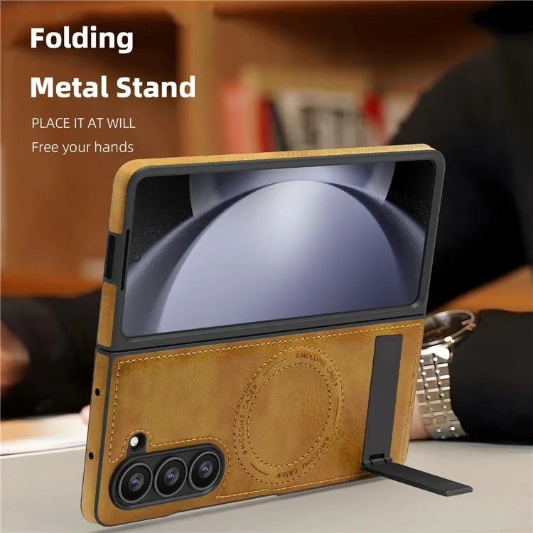 For Samsung Galaxy Z Fold5 5G Case Compatible with MagSafe Kickstand Leather Phone Back Cover  - Brown