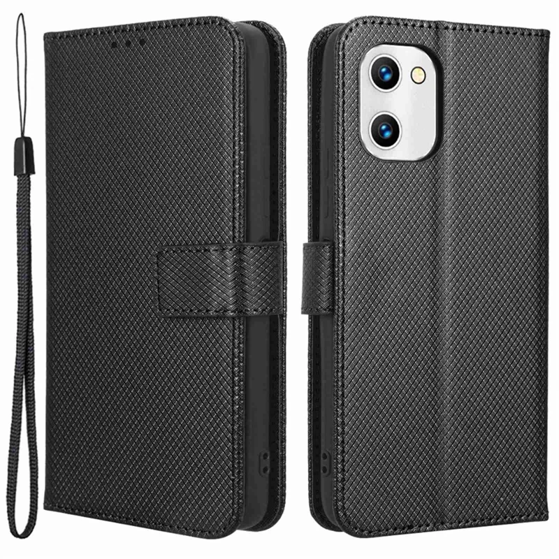 Protective Phone Case For Umidigi C1, Diamond Texture Phone Cover Folio Flip PU Leather Wallet Stand - Black