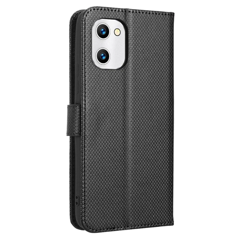 Protective Phone Case For Umidigi C1, Diamond Texture Phone Cover Folio Flip PU Leather Wallet Stand - Black