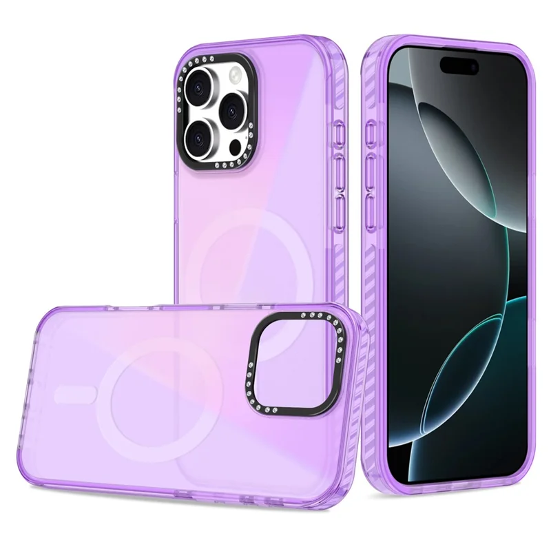 For iPhone 16 Pro Max Magnetic Case IMD TPU + PC Phone Back Cover with Metal Lens Frame - Purple