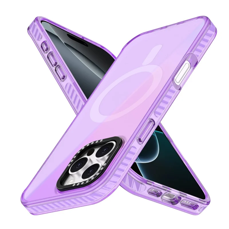 For iPhone 16 Pro Max Magnetic Case IMD TPU + PC Phone Back Cover with Metal Lens Frame - Purple
