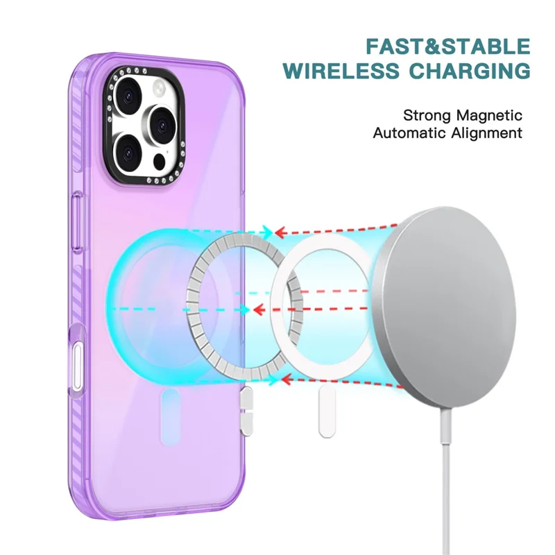 For iPhone 16 Pro Max Magnetic Case IMD TPU + PC Phone Back Cover with Metal Lens Frame - Purple
