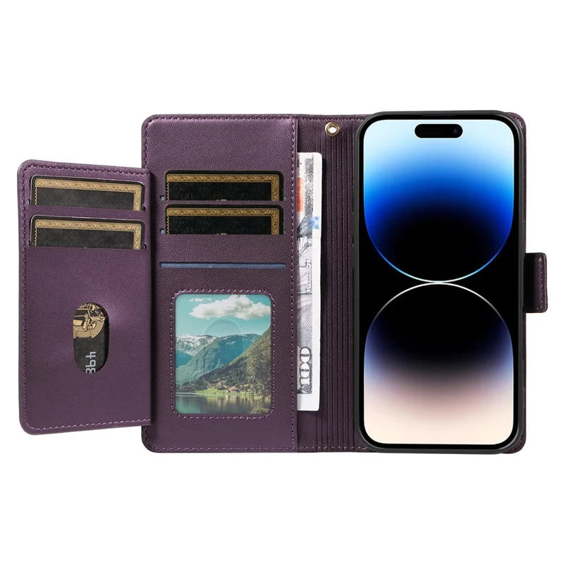 For iPhone 14 Pro Case with Multi-Card Holder and Strap PU Leather Phone Cover Stand - Purple