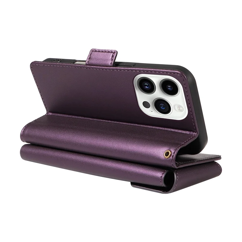 For iPhone 14 Pro Case with Multi-Card Holder and Strap PU Leather Phone Cover Stand - Purple